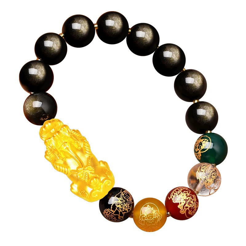 Gold Sheen Obsidian PiXiu Bracelet – white background studio shot, black beads with gold PiXiu and god beads