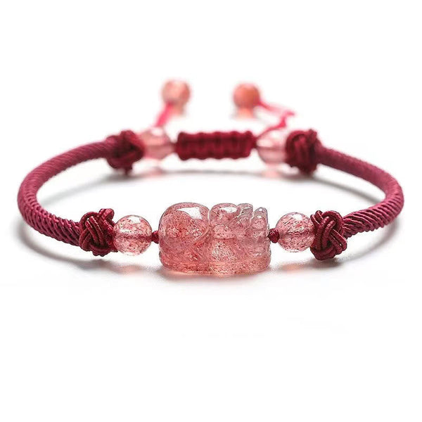 Strawberry Quartz PiXiu Bracelet – front view on white background, red cord with pink PiXiu and beads, clean