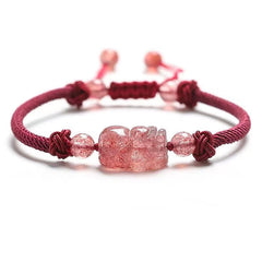 Strawberry Quartz PiXiu Bracelet – front view on white background, red cord with pink PiXiu and beads, clean