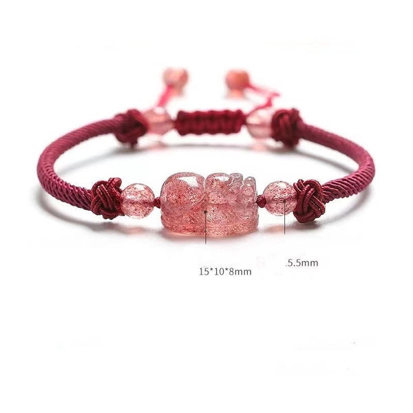 Strawberry Quartz PiXiu Bracelet – white background with size measurements, pink PiXiu detail, dimensions shown