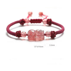 Strawberry Quartz PiXiu Bracelet – white background with size measurements, pink PiXiu detail, dimensions shown