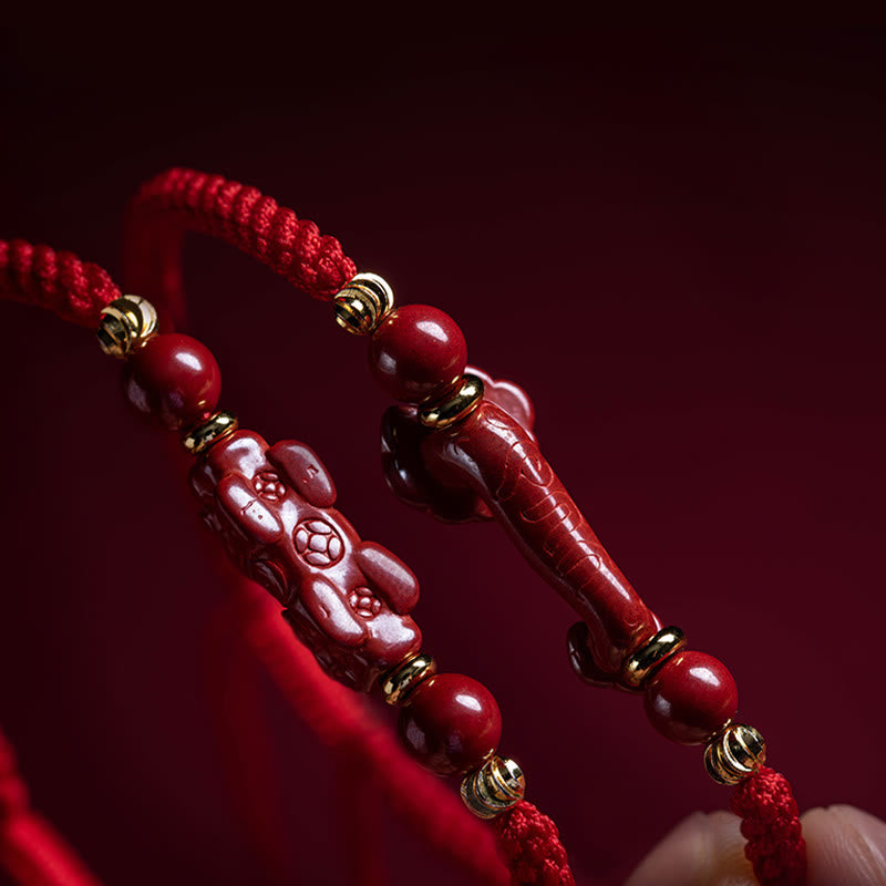 Cinnabar Ruyi Fu PiXiu Red Bracelet – both bracelets held together showing detail close-up, red cinnabar set