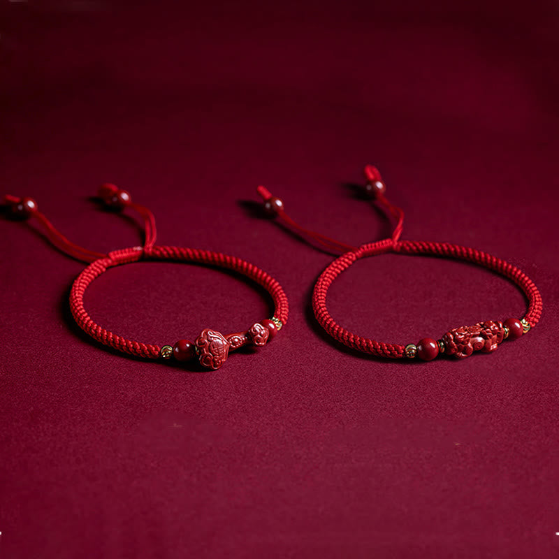 Cinnabar Ruyi Fu PiXiu Red Bracelet – both Ruyi and PiXiu bracelets flat side by side red velvet, couple set