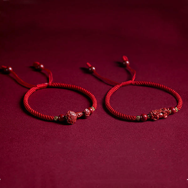 Cinnabar Ruyi Fu PiXiu Red Bracelet – both Ruyi and PiXiu bracelets flat side by side red velvet, couple set