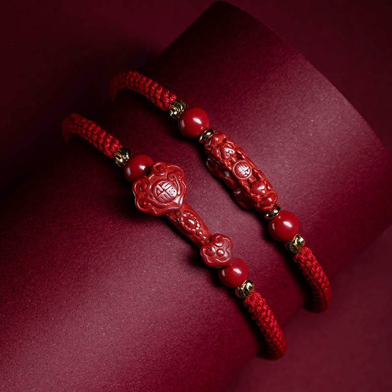 Cinnabar Ruyi Fu PiXiu Red Bracelet – two red cinnabar bracelets Ruyi and PiXiu on red velvet, set comparison