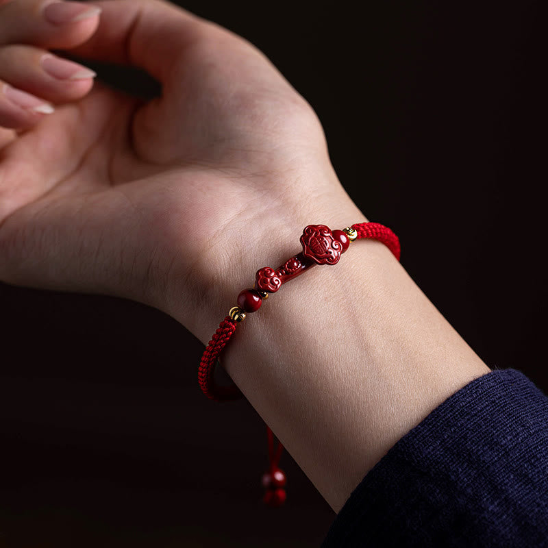 Cinnabar Ruyi Fu PiXiu Red Bracelet – Ruyi bracelet worn on woman's wrist side angle, protection red string jewelry