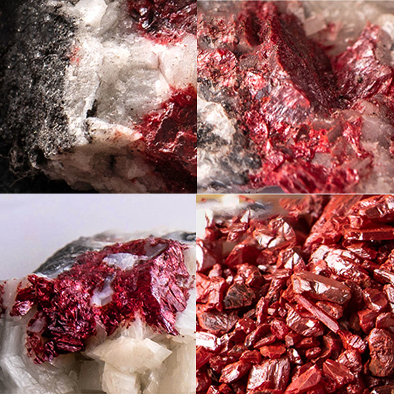 Cinnabar Ruyi Fu PiXiu Red Bracelet – four-panel collage raw cinnabar crystal formations macro, stone origin
