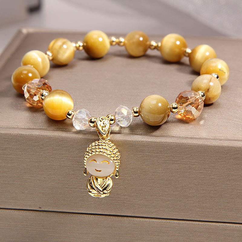 Yellow Tiger Eye Meditation Buddha Bracelet – Front view of golden brown beaded band with Buddha head
