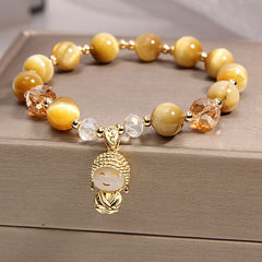 Yellow Tiger Eye Meditation Buddha Bracelet – Front view of golden brown beaded band with Buddha head