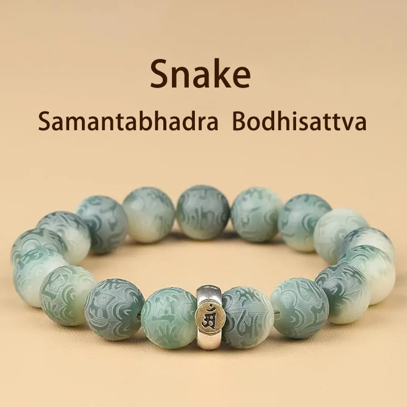 Chinese Zodiac Wisdom Bracelet – Green-white carved beads with Sanskrit mantra spacer, Snake zodiac