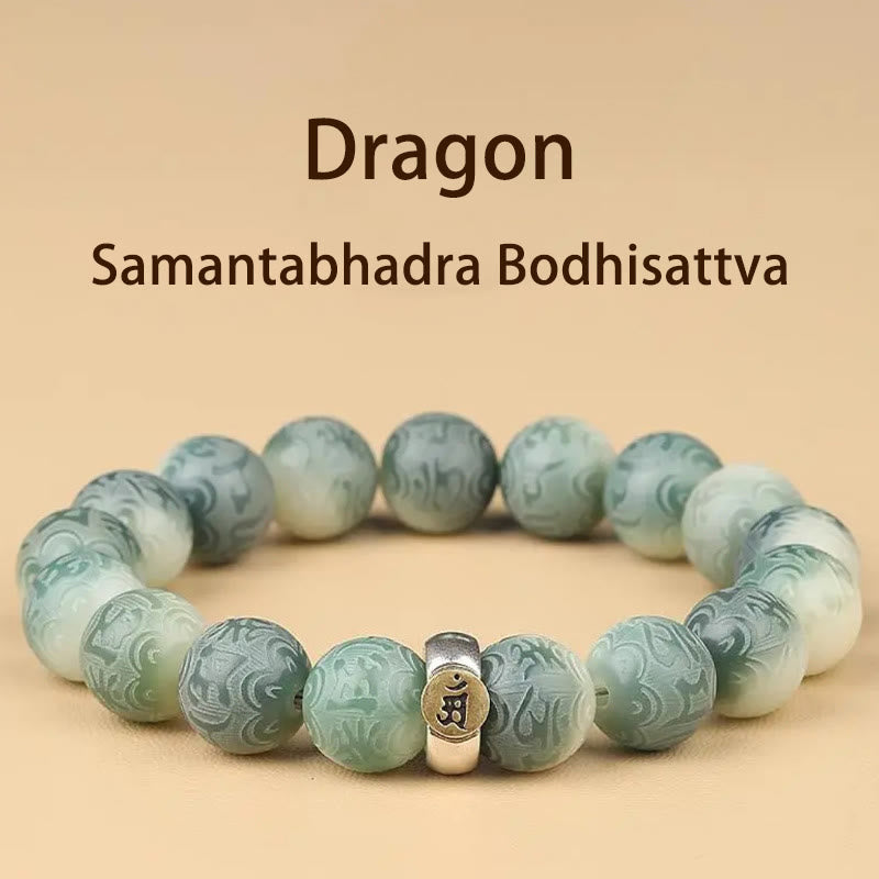 Chinese Zodiac Wisdom Bracelet – Green-white carved beads with Sanskrit charm, Dragon zodiac jewelry