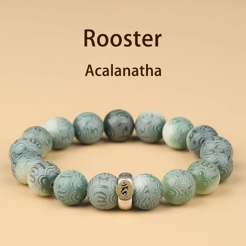 Chinese Zodiac Wisdom Bracelet – Slate green carved beads with dual-tone metal mantra bead, Rooster zodiac