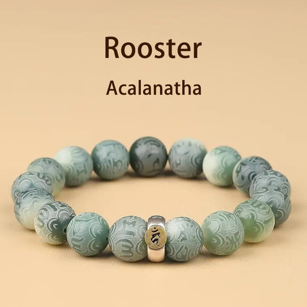 Chinese Zodiac Wisdom Bracelet – Slate green carved beads with dual-tone metal mantra bead, Rooster zodiac