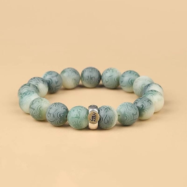 Chinese Zodiac Wisdom Bracelet – Green carved jade beads with gold-inlay metal accent, spiritual jewelry