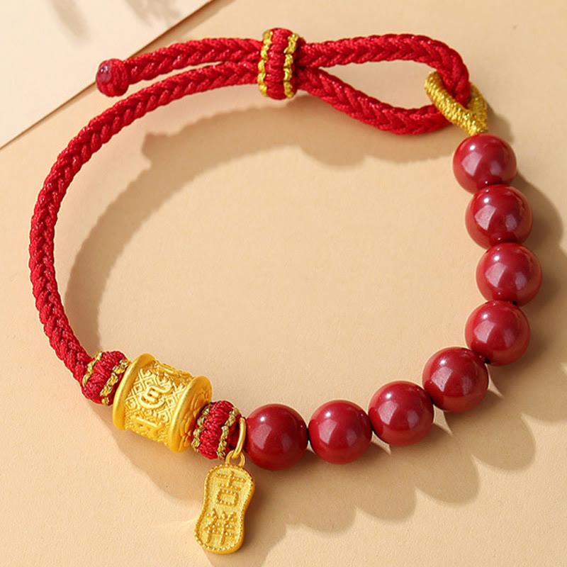 Sterling Silver Cinnabar Bracelet – Red beads with gold good fortune charm and adjustable knot closure, feng shui jewelry