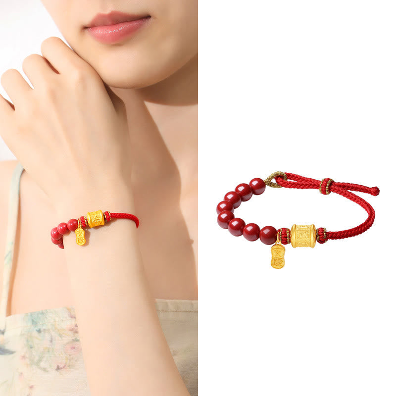 Sterling Silver Cinnabar Bracelet – Split view of wrist wear and flat lay showing red beads with gold mantra, om bracelet