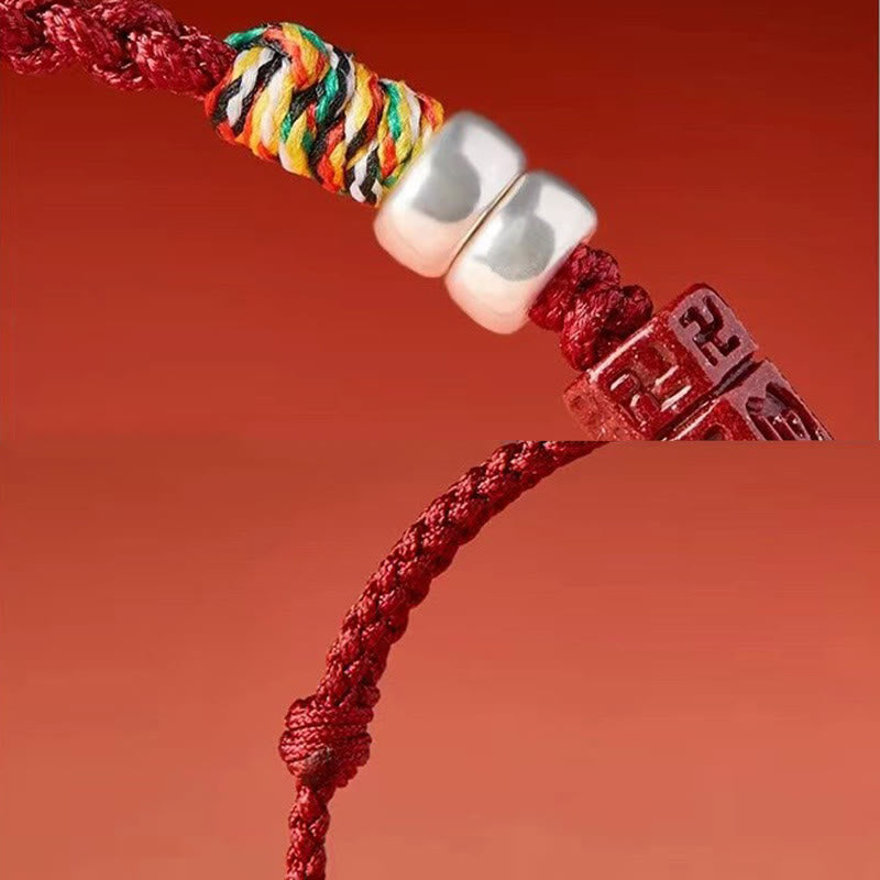 Cinnabar Om Mani Padme Hum Red String Bracelet – macro of silver beads and multicolor thread, craftsmanship