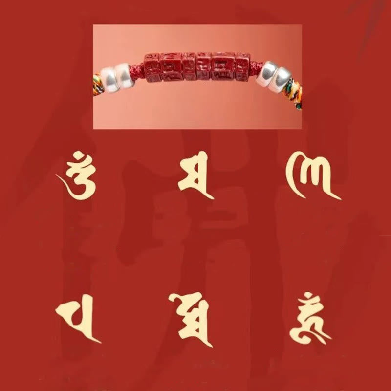 Cinnabar Om Mani Padme Hum Red String Bracelet – mantra symbol design overlay, sacred red string