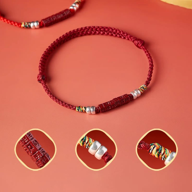 Cinnabar Om Mani Padme Hum Red String Bracelet – detail insets of mantra beads and woven knots, handmade