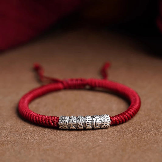 Silver Mantra Rope Bracelet – Red braided cord with antique silver bead engraved with Chinese blessing, lucky bracelet