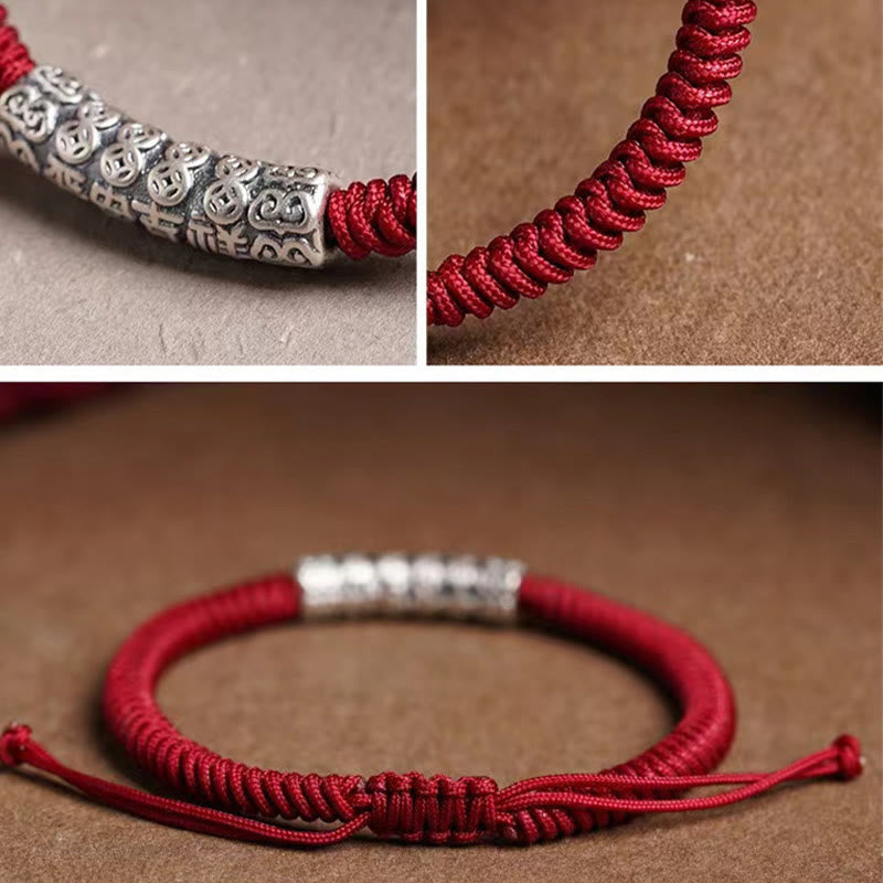 Silver Mantra Rope Bracelet – Three-panel view showing bead engraving, cord texture and full bracelet, adjustable bracelet