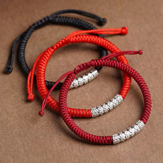 Silver Mantra Rope Bracelet – Three cord color variants showing black, red and burgundy options, adjustable bracelet