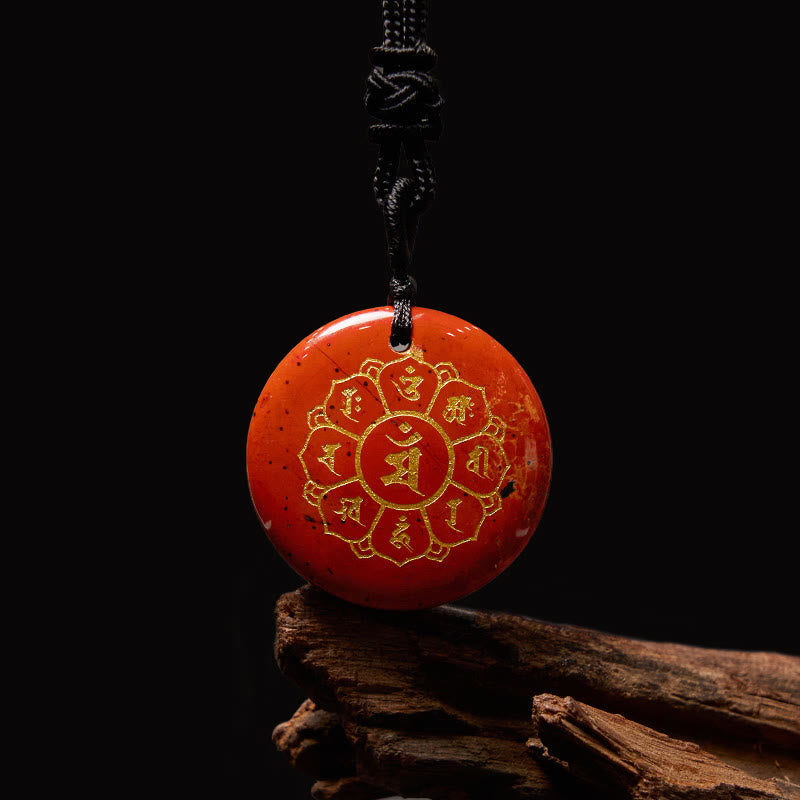 Om Mani Padme Hum Necklace – Red jasper disc with gold lotus mandala on black, red crystal healing necklace