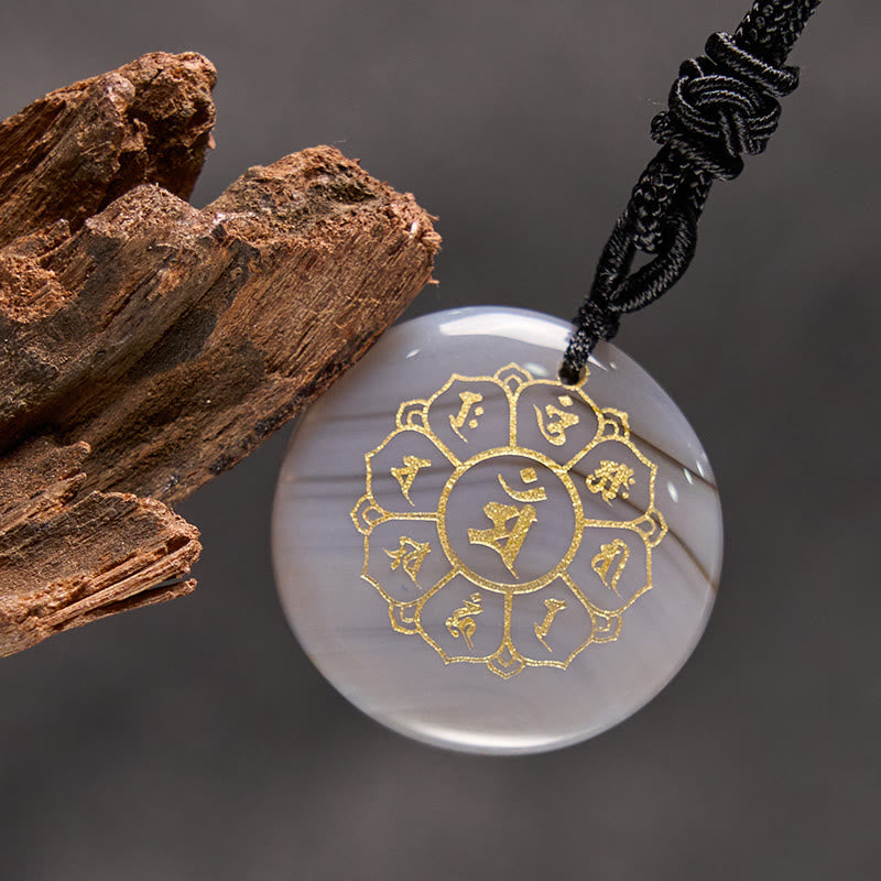 Om Mani Padme Hum Necklace – White chalcedony with gold mandala on dark gray with wood, agate necklace