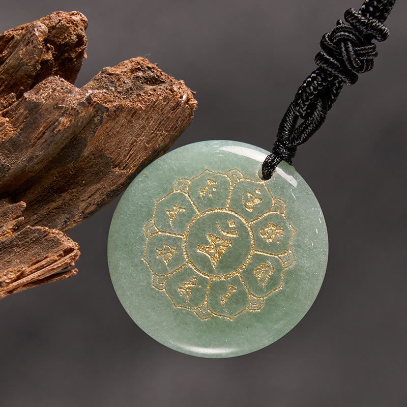 Om Mani Padme Hum Necklace – Green jade on dark backdrop with wood bark accent, spiritual healing amulet