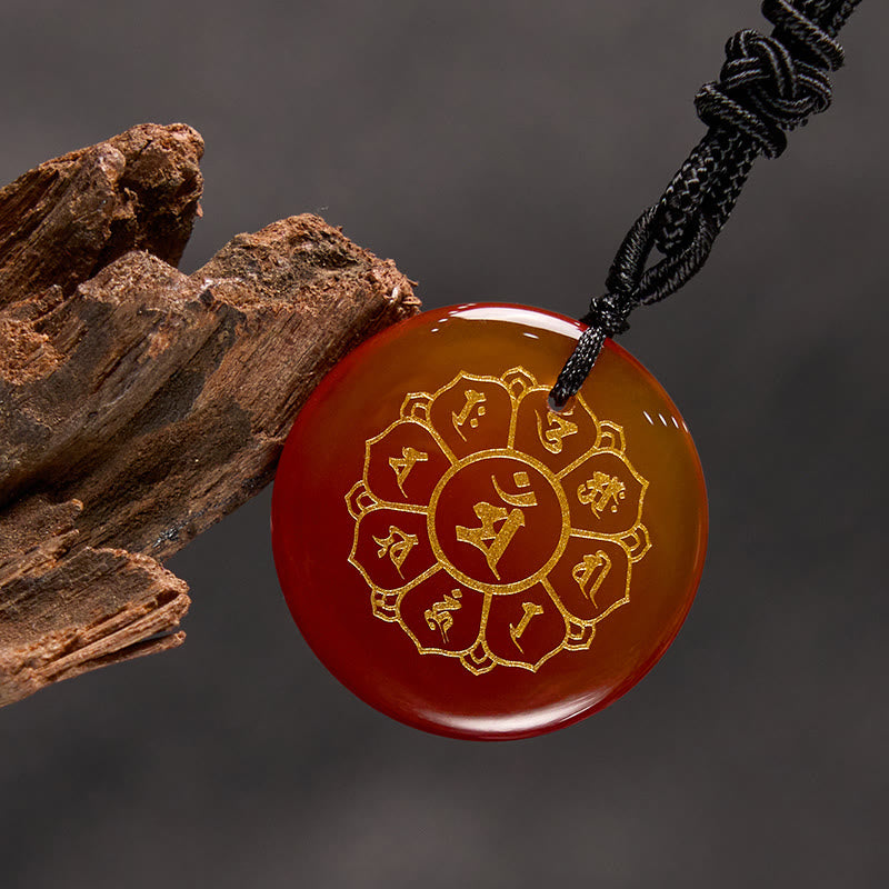 Om Mani Padme Hum Necklace – Carnelian agate with gold mandala and driftwood on dark, healing crystal jewelry