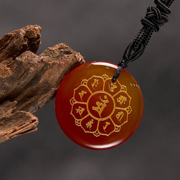 Om Mani Padme Hum Necklace – Carnelian agate with gold mandala and driftwood on dark, healing crystal jewelry