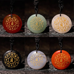 Om Mani Padme Hum Necklace – Six crystal variants in 2x3 grid, obsidian to carnelian stones, crystal necklace options