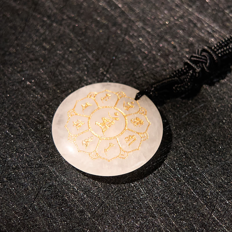 Om Mani Padme Hum Necklace – White stone disc with gold lotus on dark leather, spiritual meditation amulet