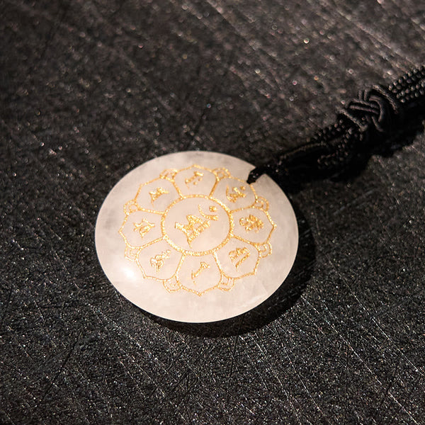 Om Mani Padme Hum Necklace – White stone disc with gold lotus on dark leather, spiritual meditation amulet
