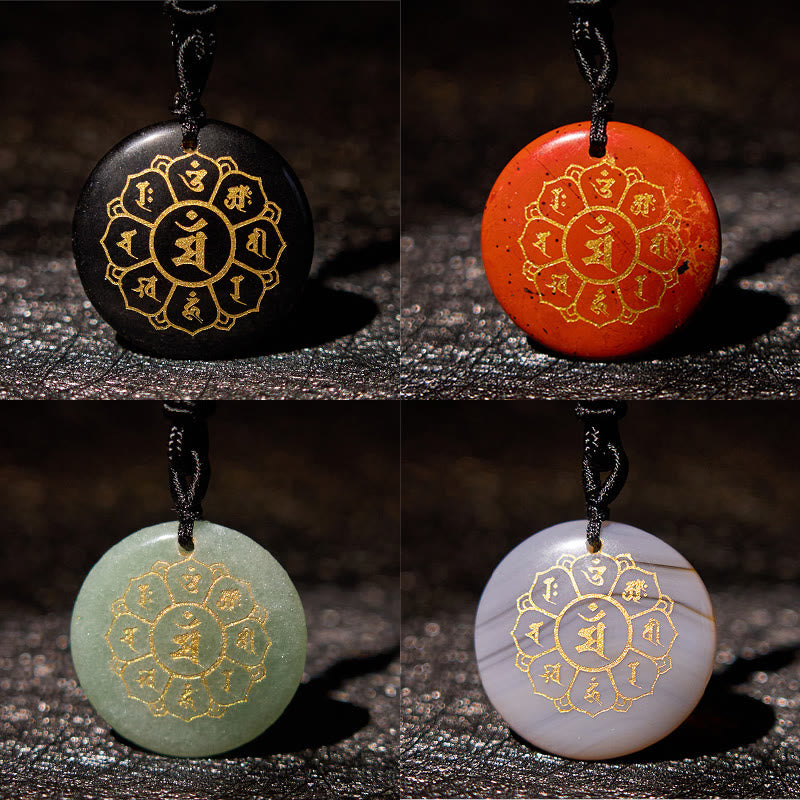 Om Mani Padme Hum Necklace – Four stone pendants in 2x2 grid on dark slate, crystal necklace set