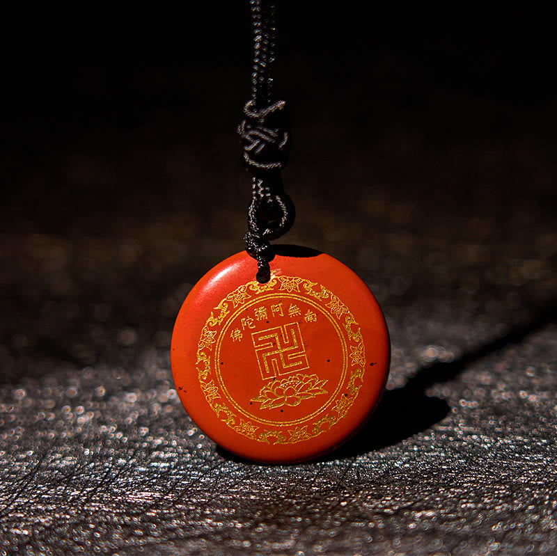 Cinnabar Red Purification Pendant - vermilion stone gold Buddhist mantra & lotus, dark slate bg, protective