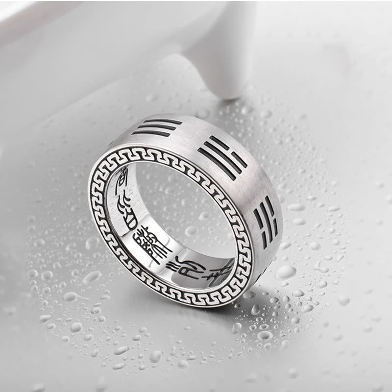 Bagua Ring - Water droplet styled shot of steel trigram band with inner yin-yang, men ring