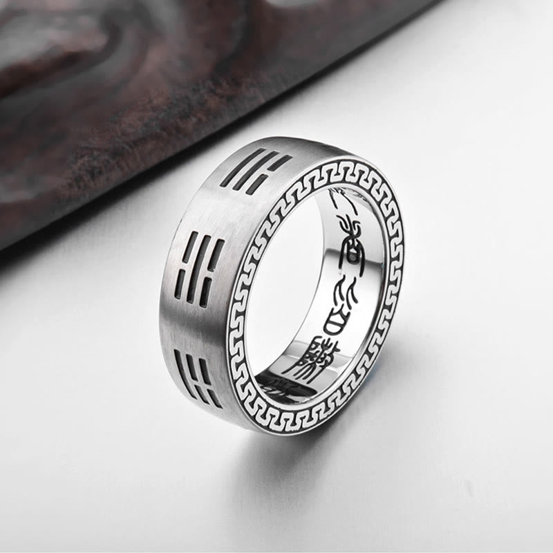 Bagua Ring - Silver band ring with engraved trigram symbols and wooden prop, feng shui jewelry