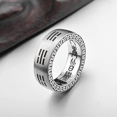 Bagua Ring - Silver band ring with engraved trigram symbols and wooden prop, feng shui jewelry