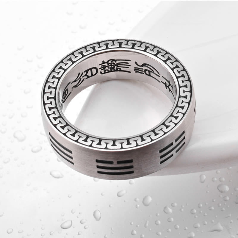 Bagua Ring - Men steel ring with I Ching trigrams and inner Chinese calligraphy, Taoist ring