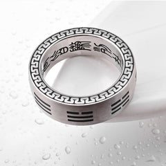 Bagua Ring - Men steel ring with I Ching trigrams and inner Chinese calligraphy, Taoist ring