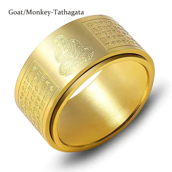 Chinese Zodiac Natal Buddha Heart Sutra Ring – Finger pointing gesture showing ring face, clear view