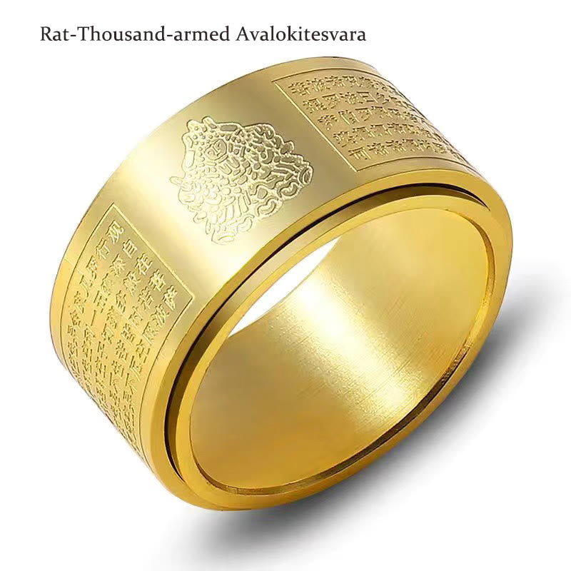 Chinese Zodiac Natal Buddha Heart Sutra Ring – Under soft warm light, golden glow on metal, cozy aesthetic