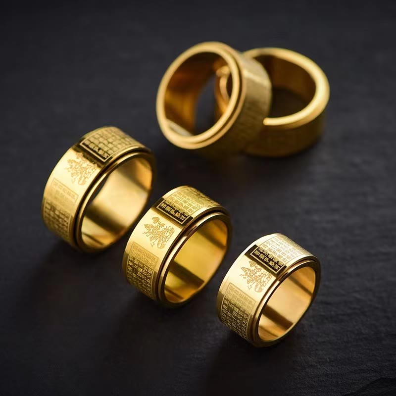 Chinese Zodiac Natal Buddha Heart Sutra Ring – Stacked with plain band, mixed metal layering, trendy combo