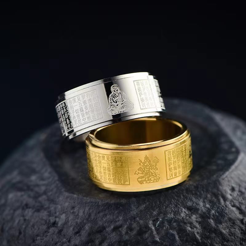 Chinese Zodiac Natal Buddha Heart Sutra Ring – Front view of engraved band with sacred Buddhist text Main image
