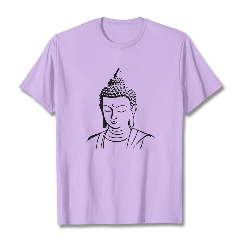 Buddha Head Cotton T-Shirt – Size chart flat lay with measuring tape, fit guide overlay, ordering help