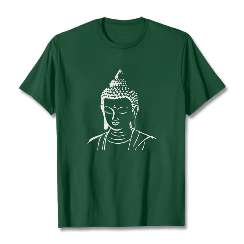 Buddha Head Cotton T-Shirt – Front view of white tee with detailed Buddha face graphic print