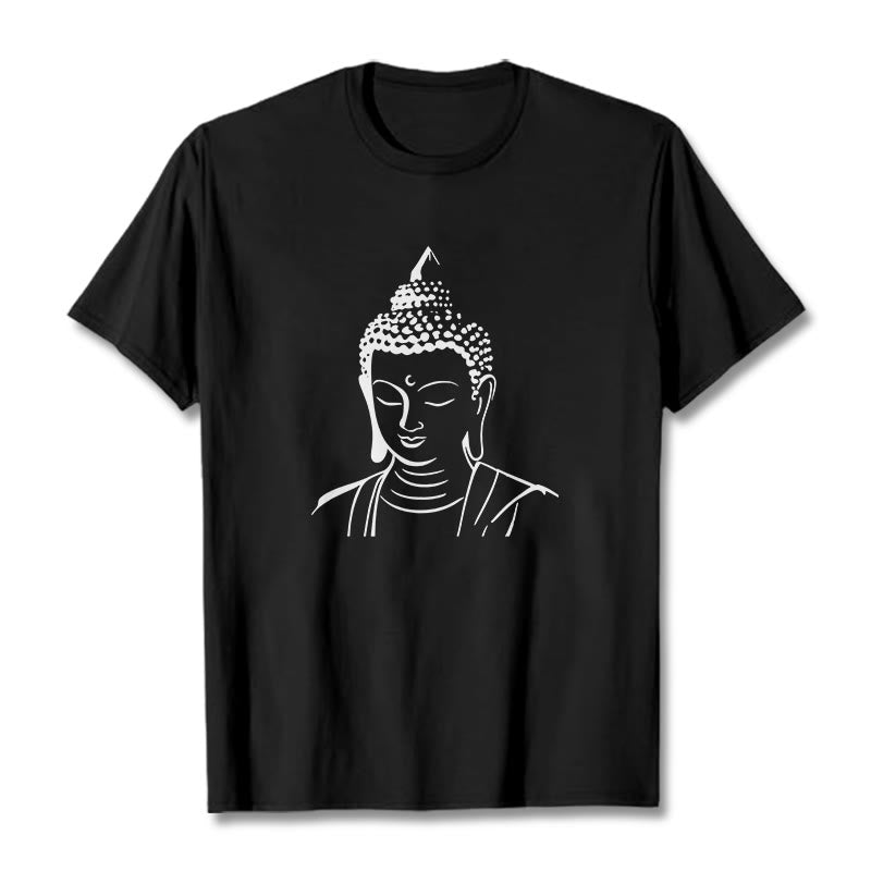 Buddha Head Cotton T-Shirt – Model in meditation pose wearing shirt, authentic lifestyle usage scene