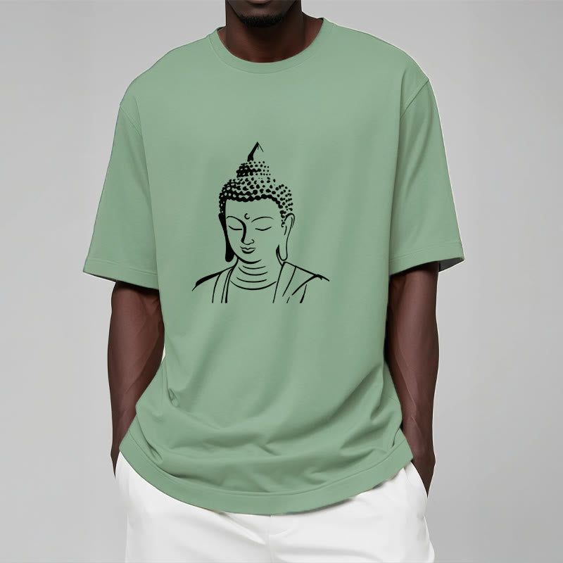 Buddha Head Cotton T-Shirt – Printed care label inside neck, washing instructions, garment detail
