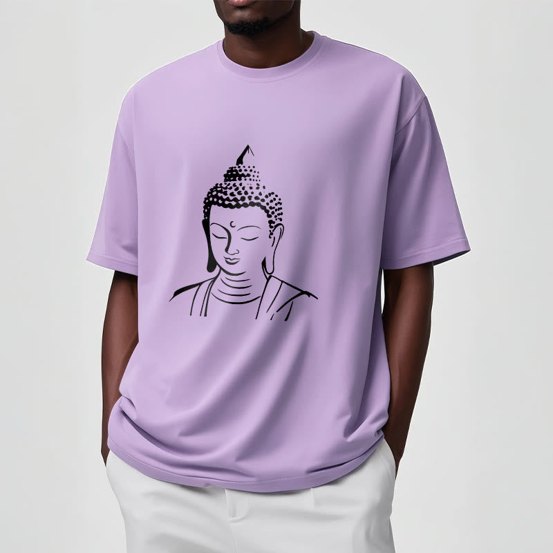Buddha Head Cotton T-Shirt – Hanging on wooden hanger, wardrobe essential, minimalist closet staple